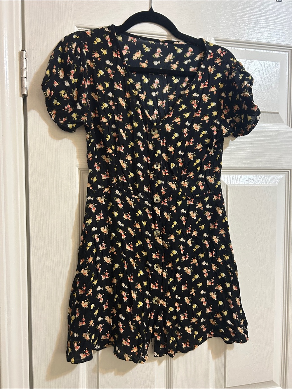 Black Floral Button-Front Mini Dress with Puff Sleeves